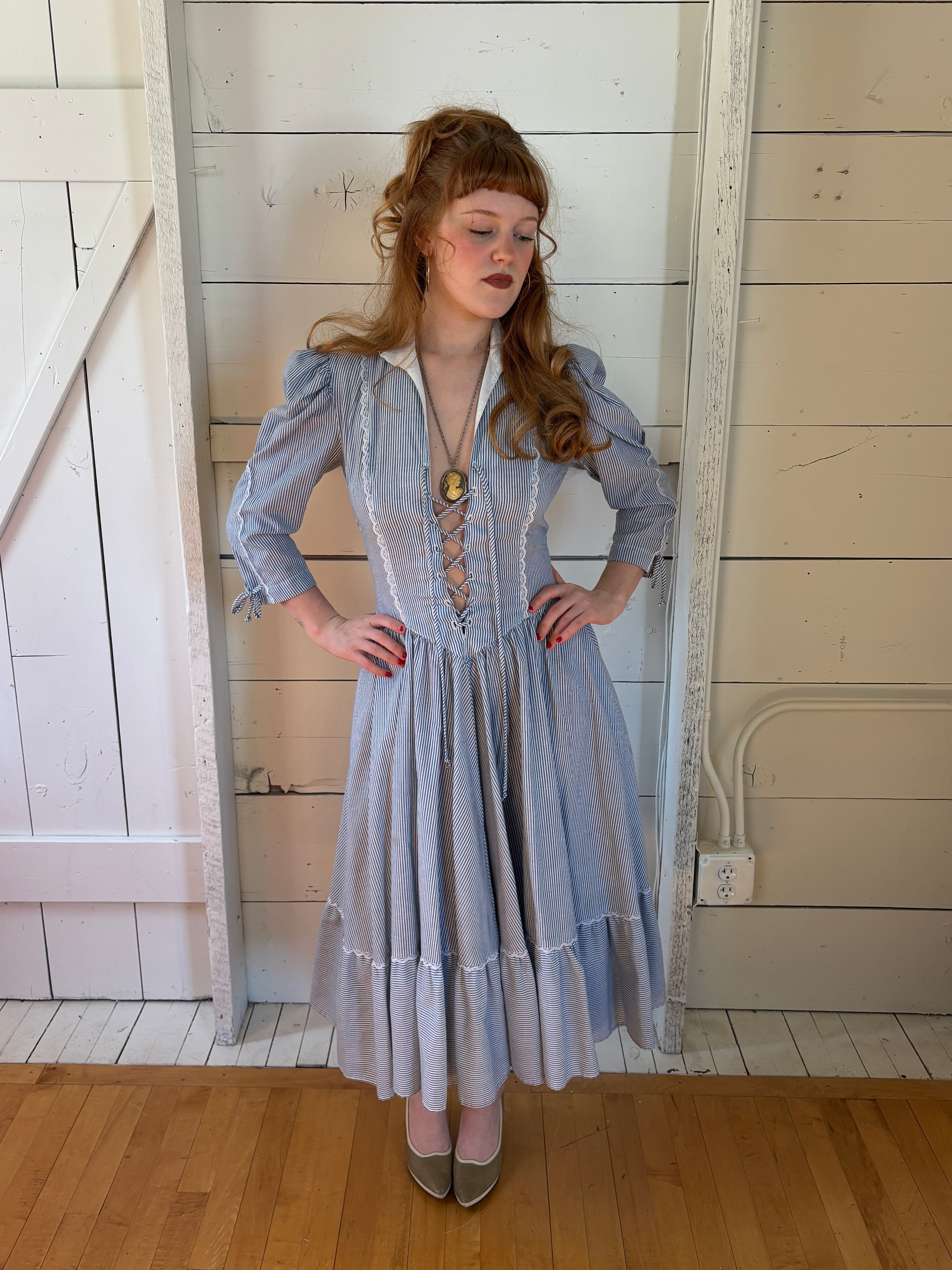 70s Praire Pinstripe Dress Handmade