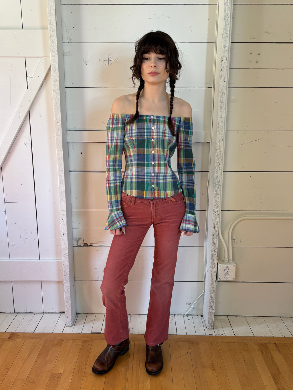 90s Ralph Lauren Plaid Off The Shoulder Blouse