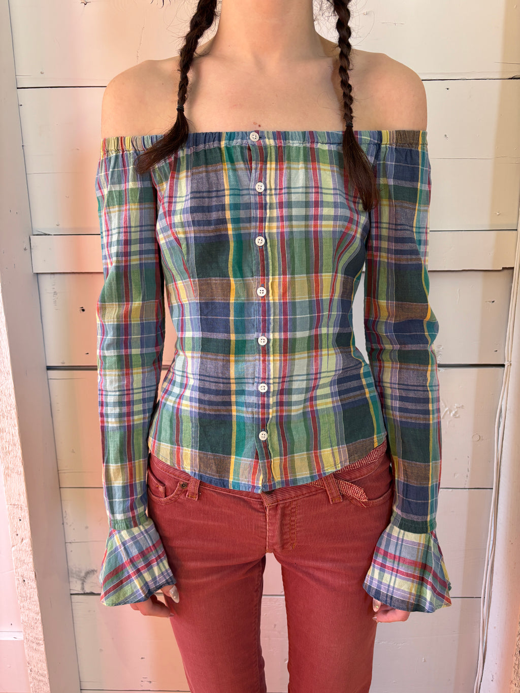 90s Ralph Lauren Plaid Off The Shoulder Blouse