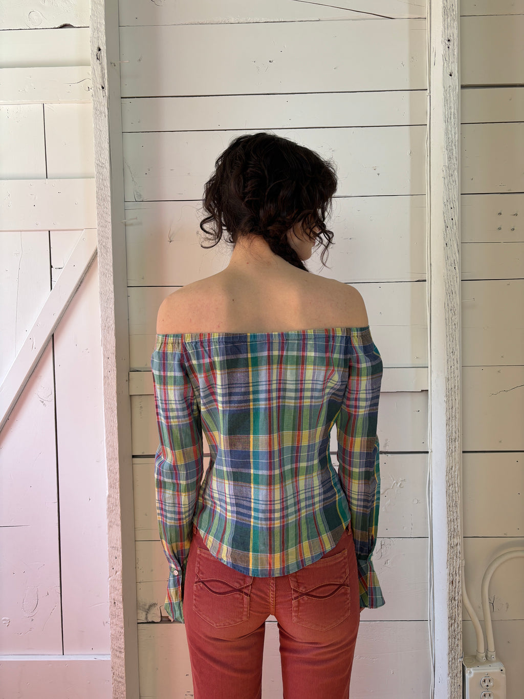 90s Ralph Lauren Plaid Off The Shoulder Blouse
