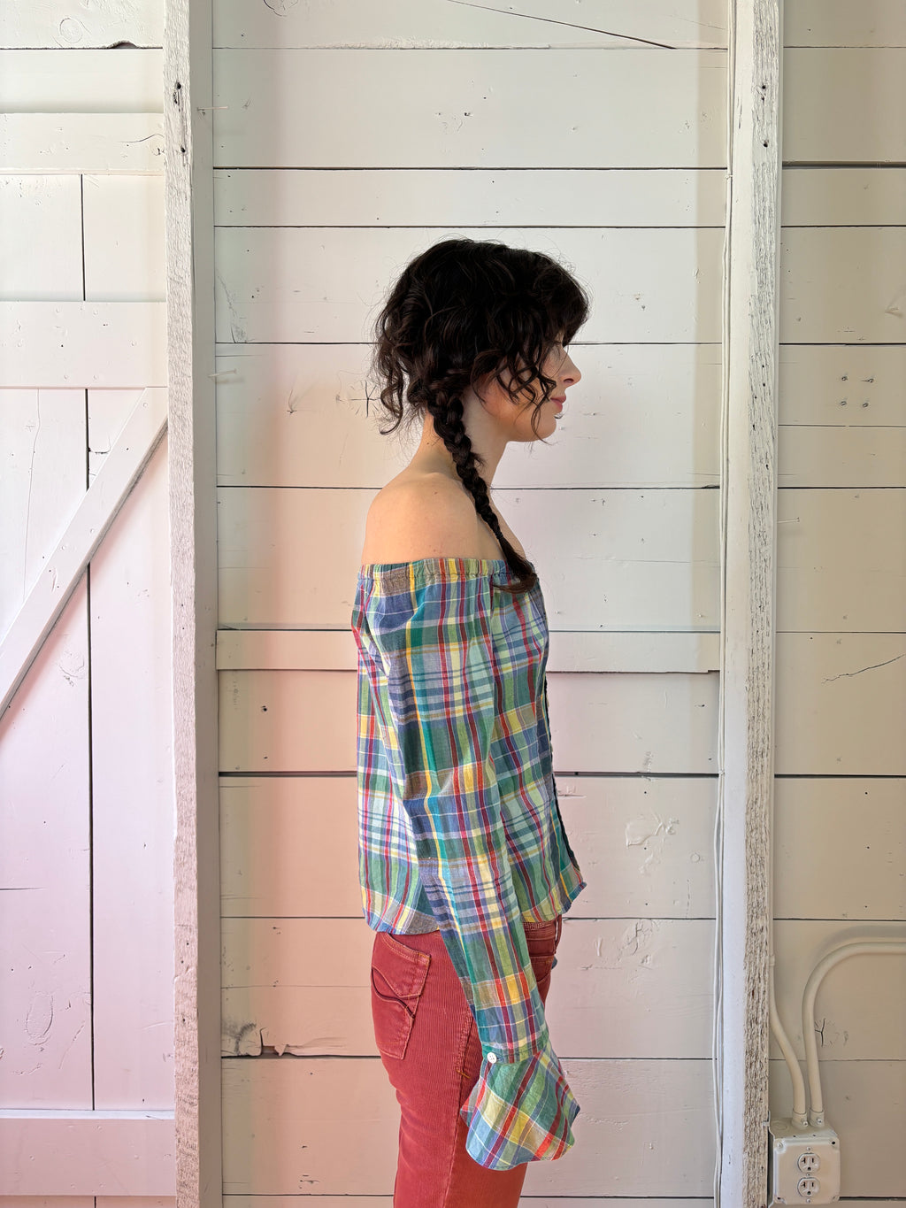 90s Ralph Lauren Plaid Off The Shoulder Blouse