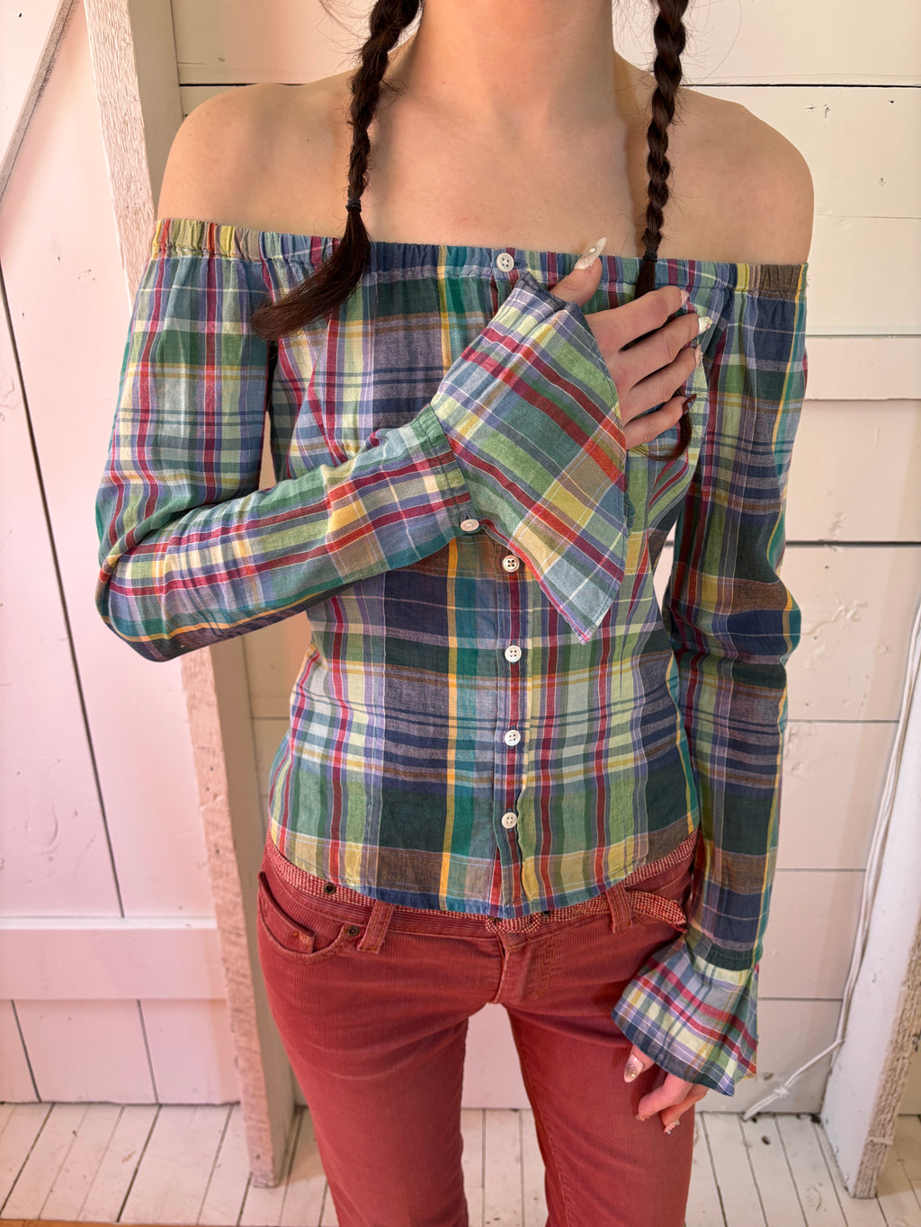 90s Ralph Lauren Plaid Off The Shoulder Blouse
