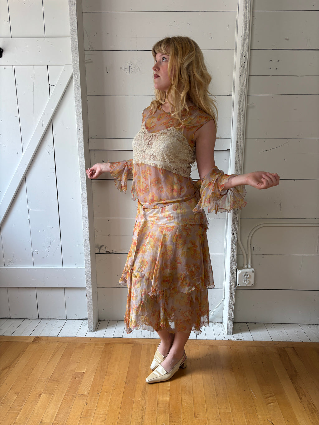 1920s Floral Sheer Lace Ruffle Drop Waist Set