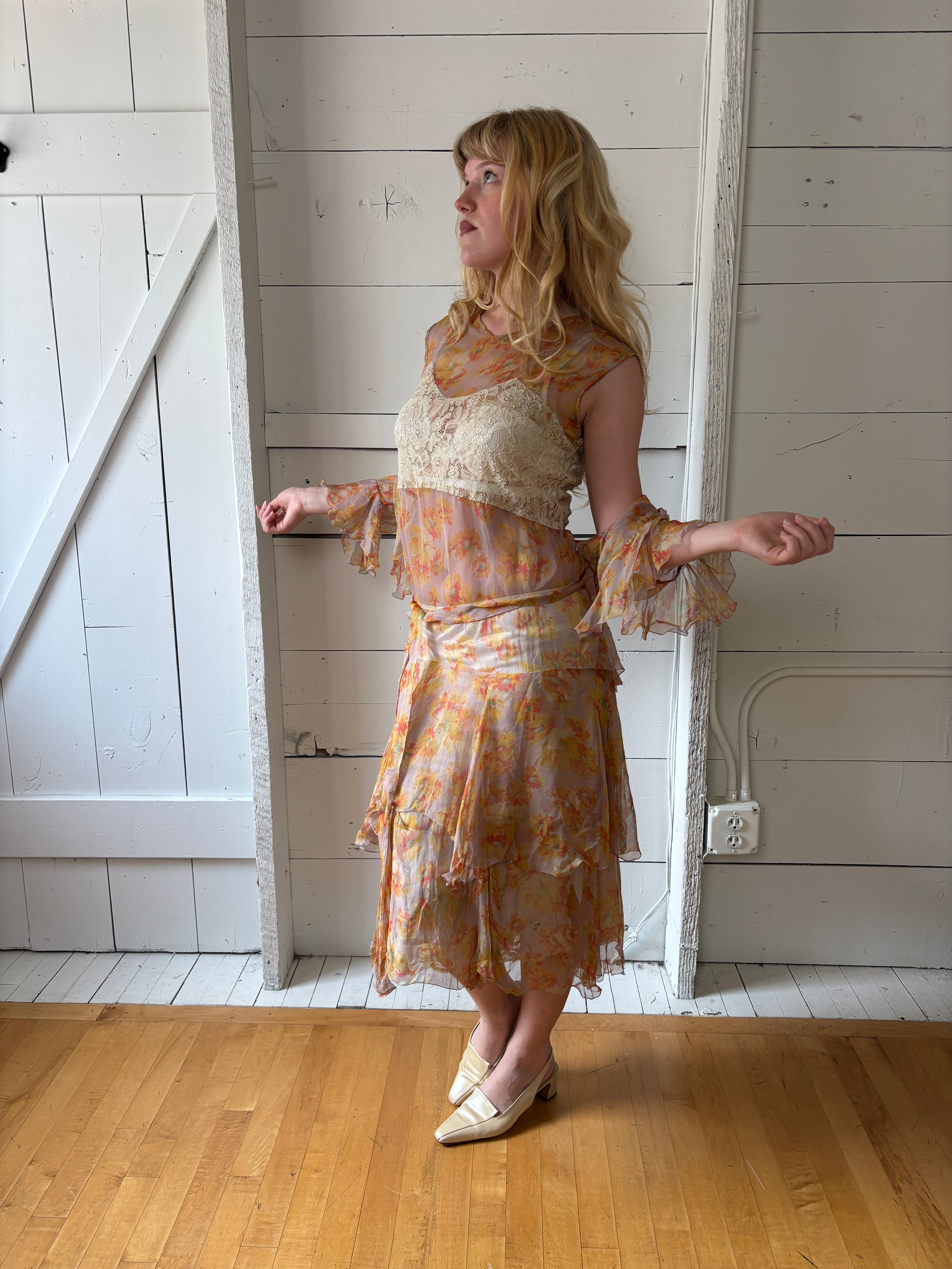 1920s Floral Sheer Lace Ruffle Drop Waist Set