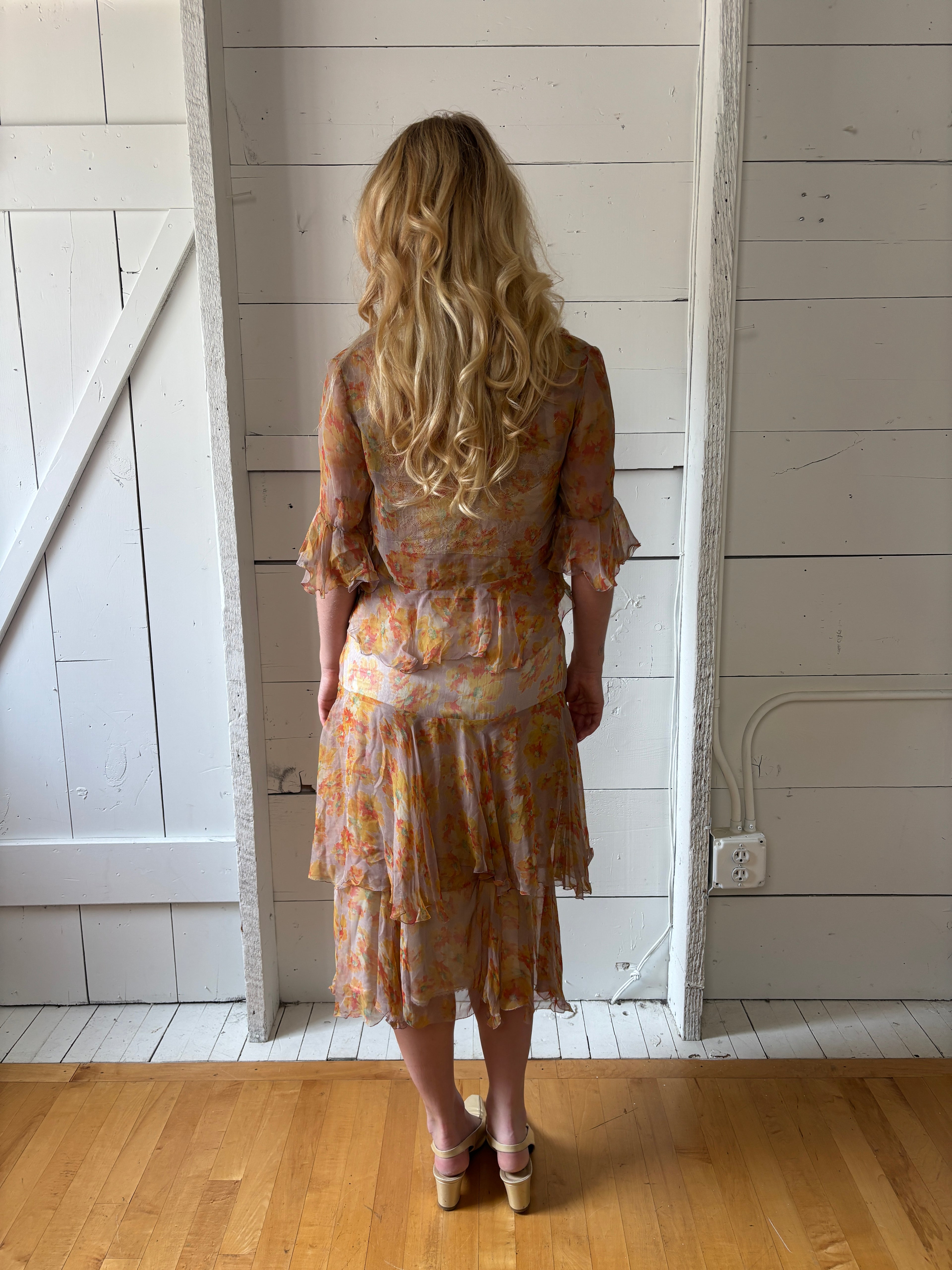 1920s Floral Sheer Lace Ruffle Drop Waist Set
