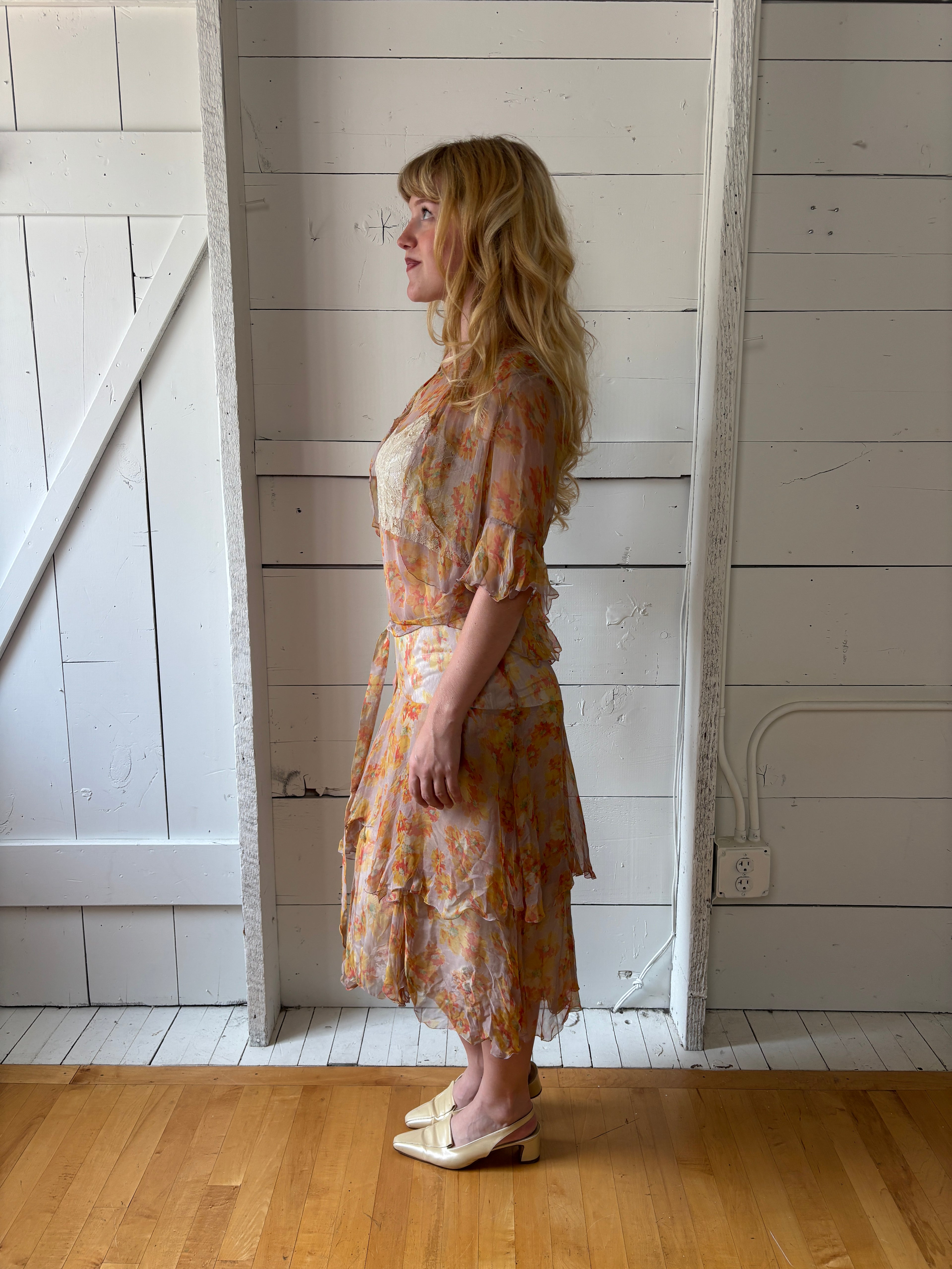 1920s Floral Sheer Lace Ruffle Drop Waist Set