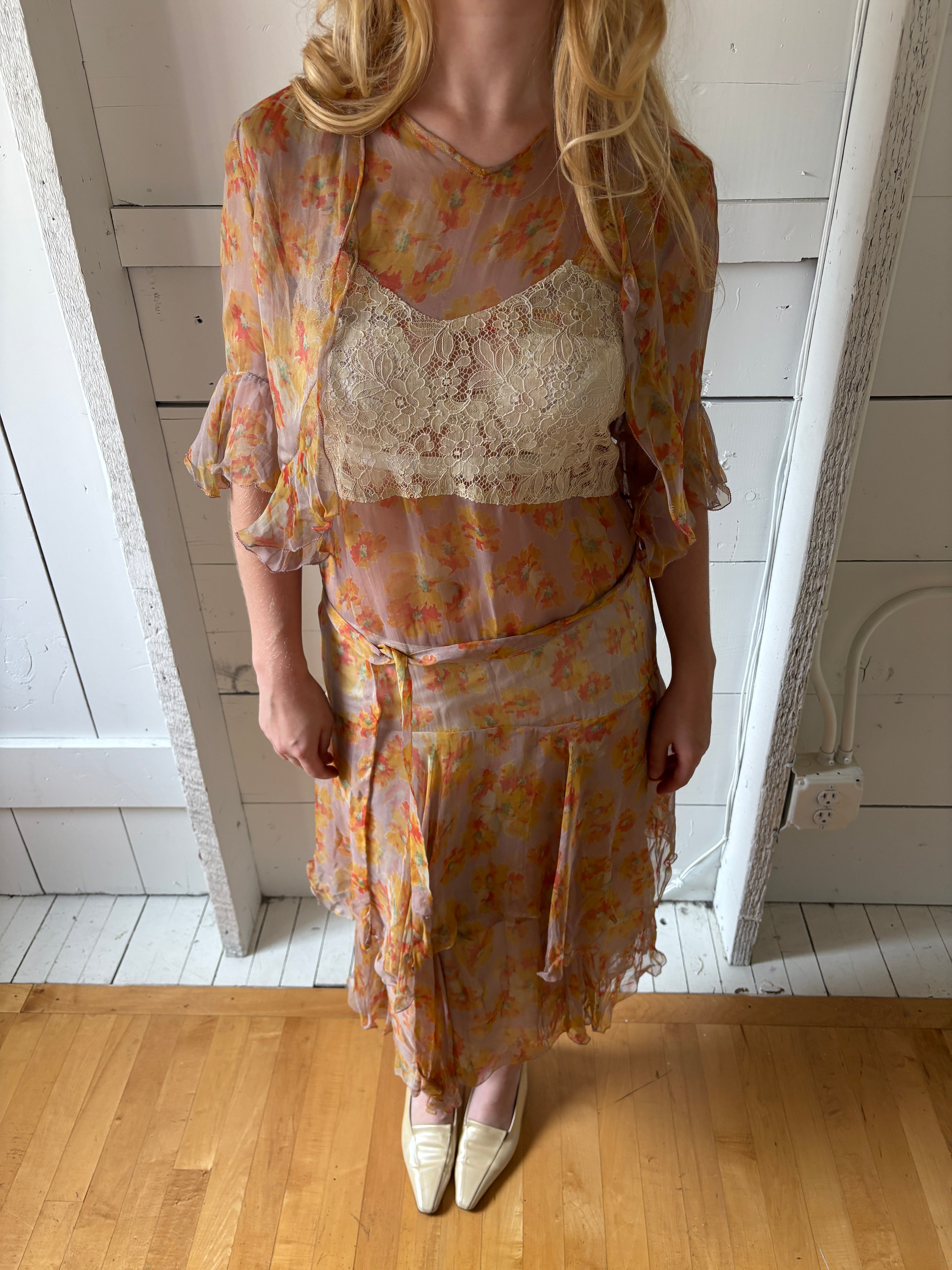 1920s Floral Sheer Lace Ruffle Drop Waist Set