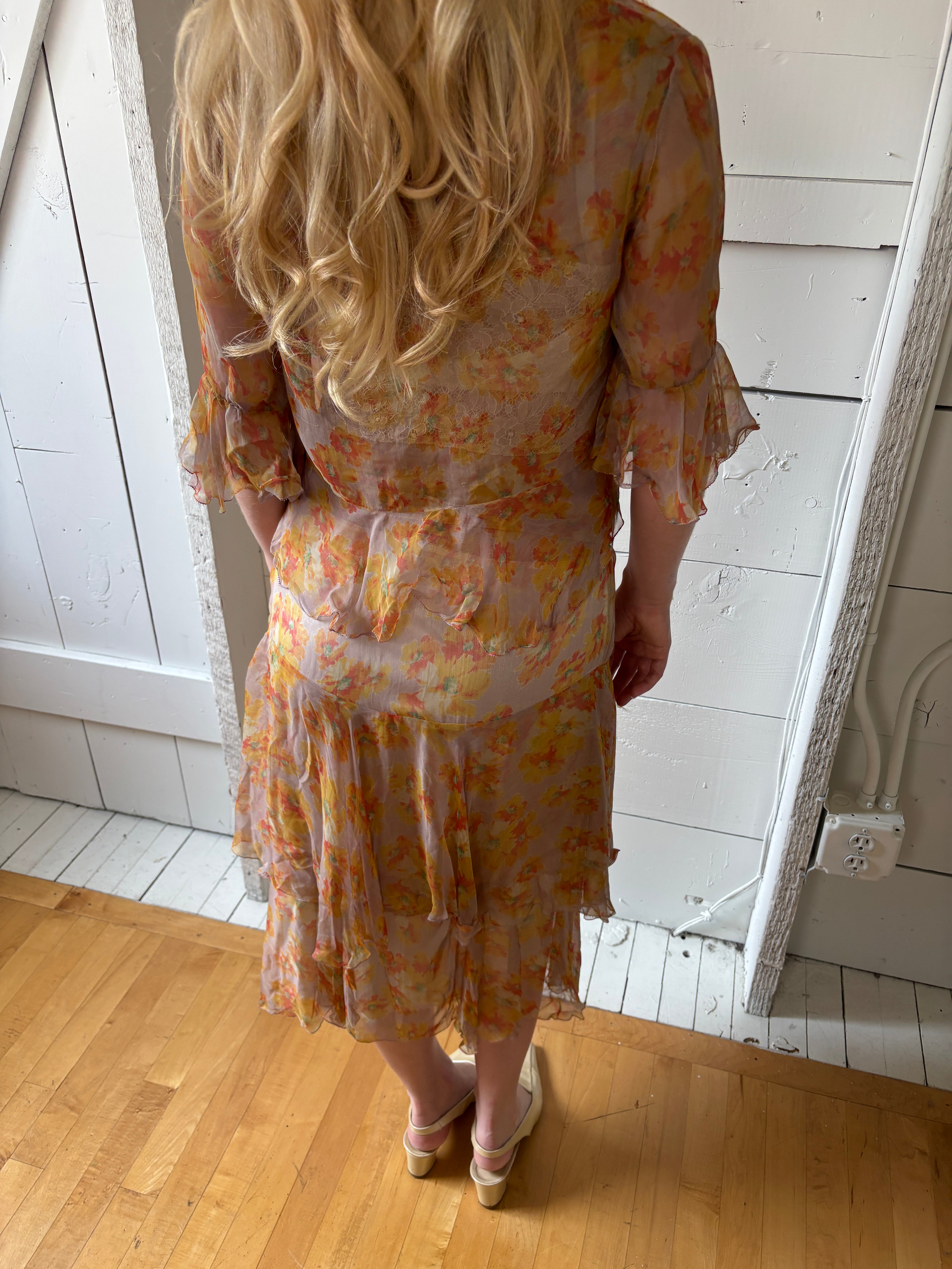 1920s Floral Sheer Lace Ruffle Drop Waist Set