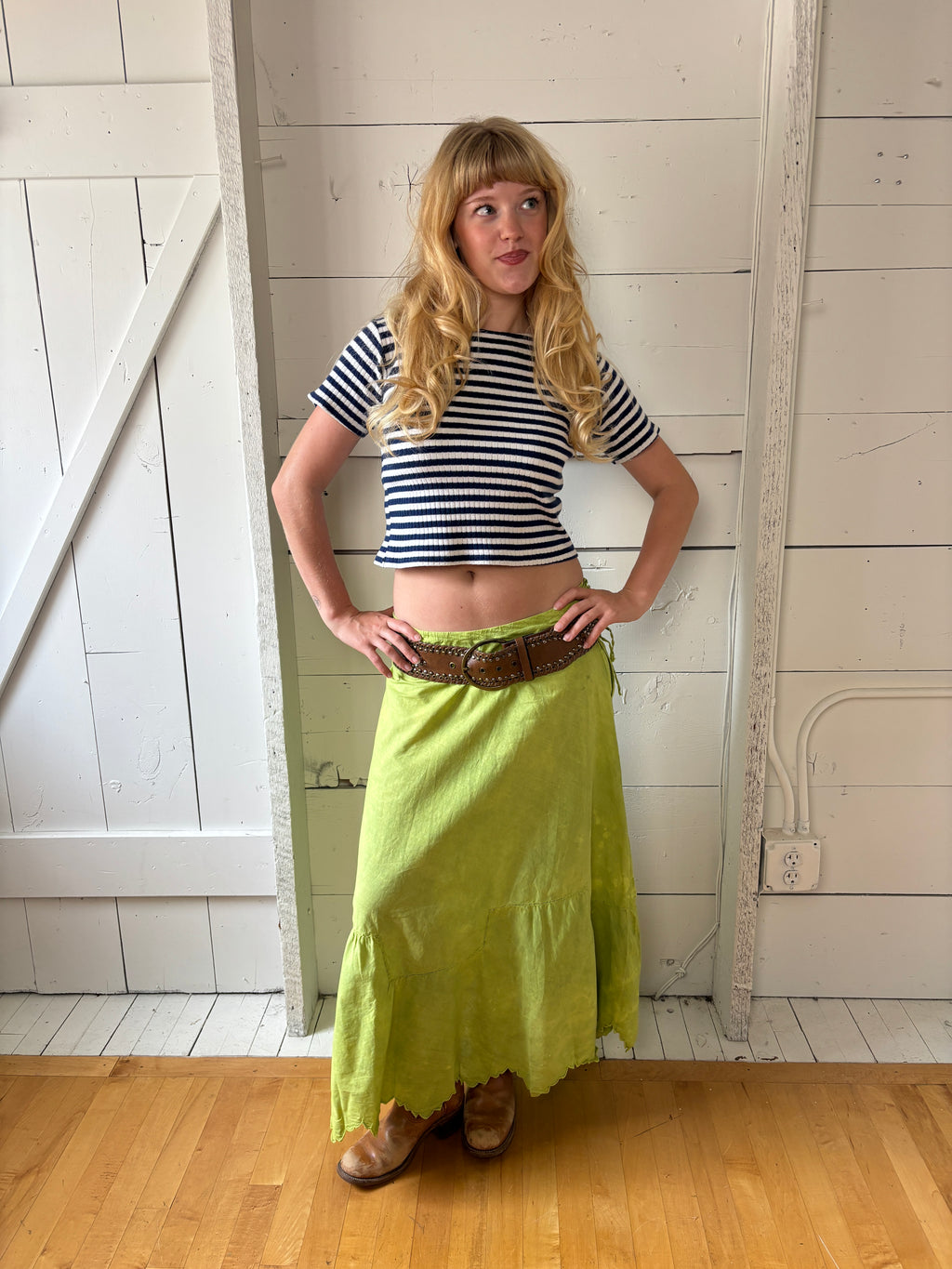 Antique Hand Dyed Cotton Petticoat Green Maxi Skirt