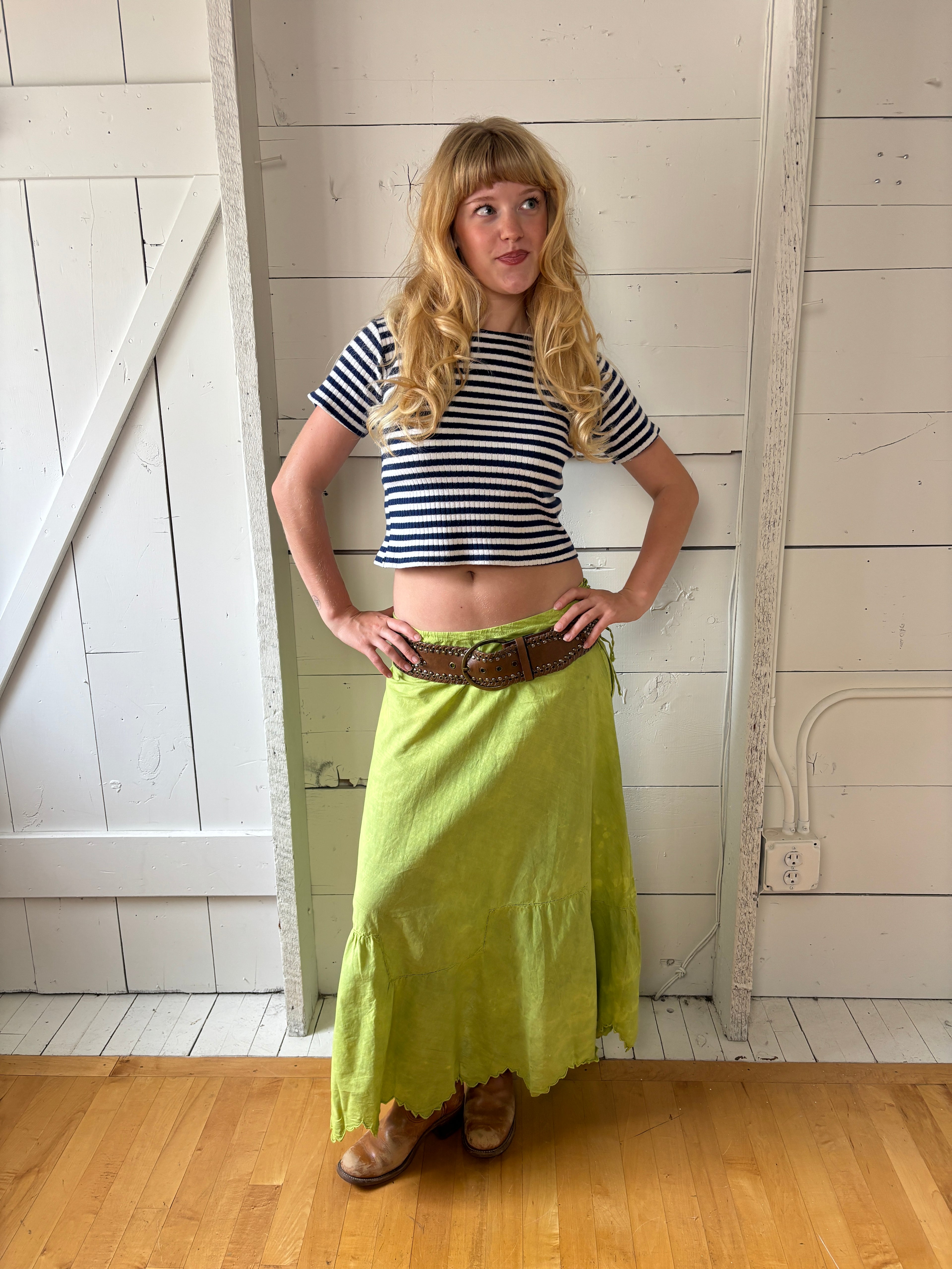 Antique Hand Dyed Cotton Petticoat Green Maxi Skirt