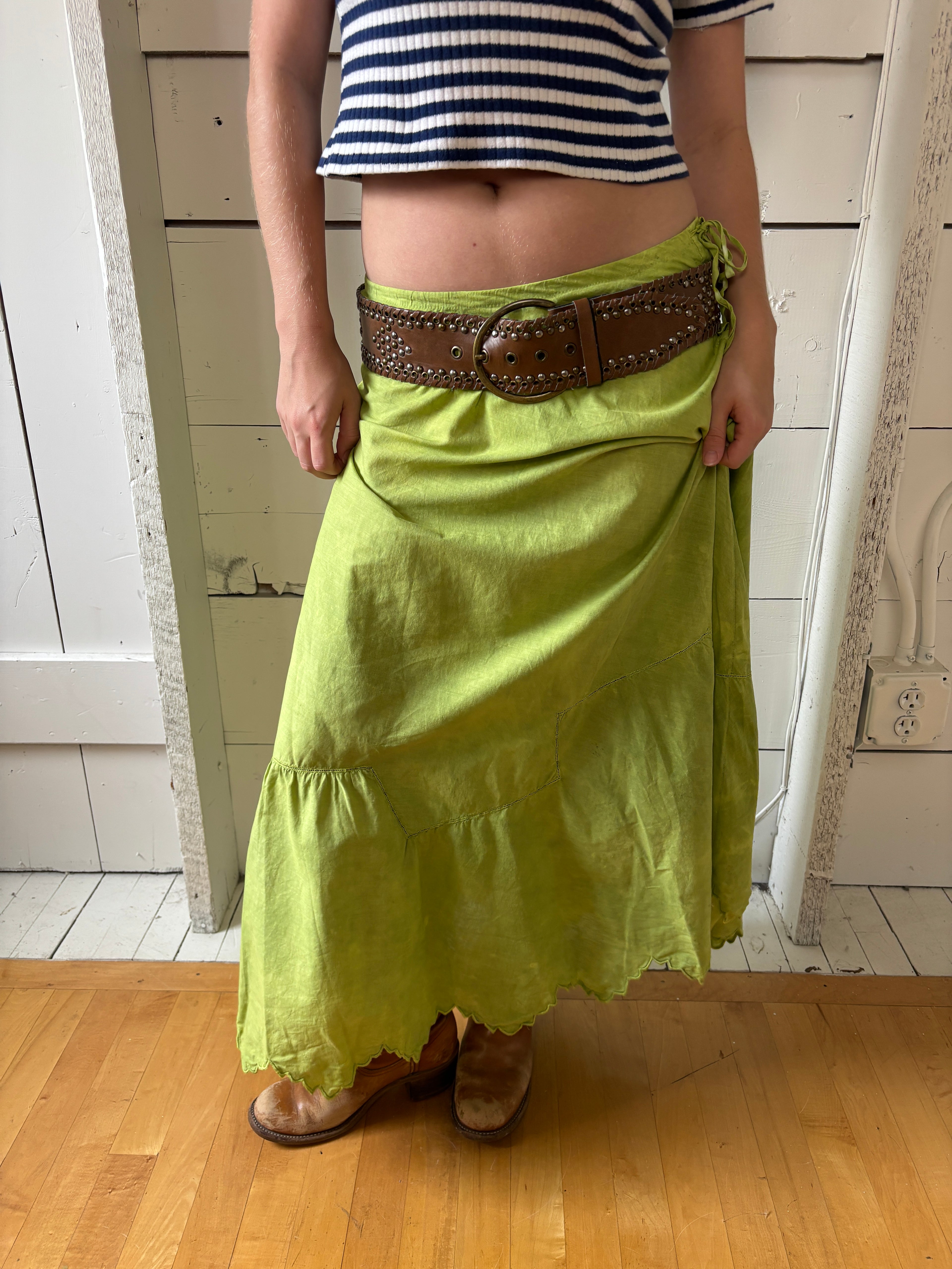 Antique Hand Dyed Cotton Petticoat Green Maxi Skirt