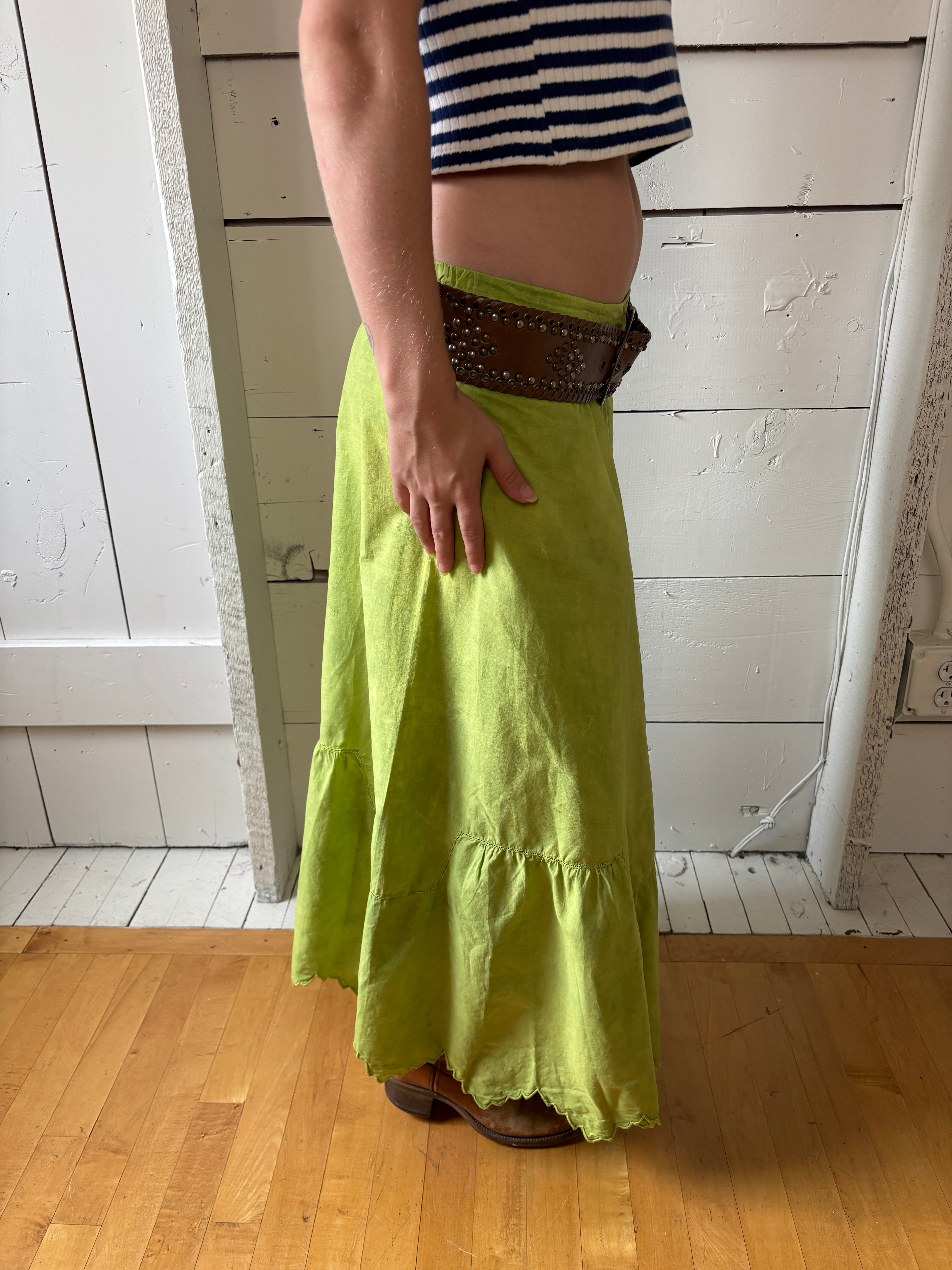 Antique Hand Dyed Cotton Petticoat Green Maxi Skirt