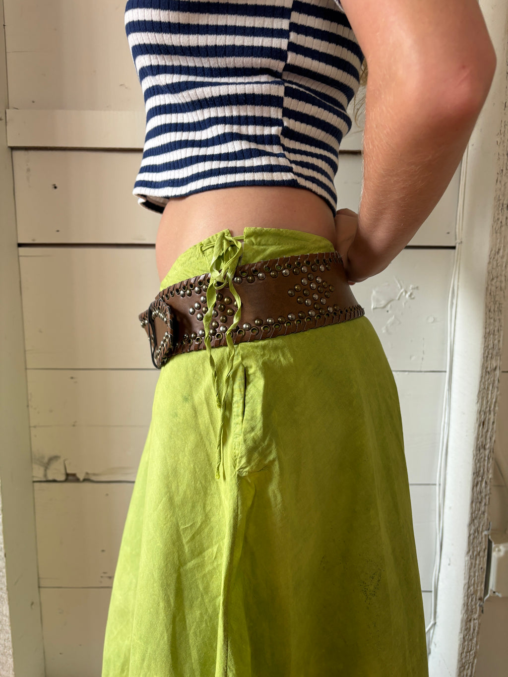 Antique Hand Dyed Cotton Petticoat Green Maxi Skirt