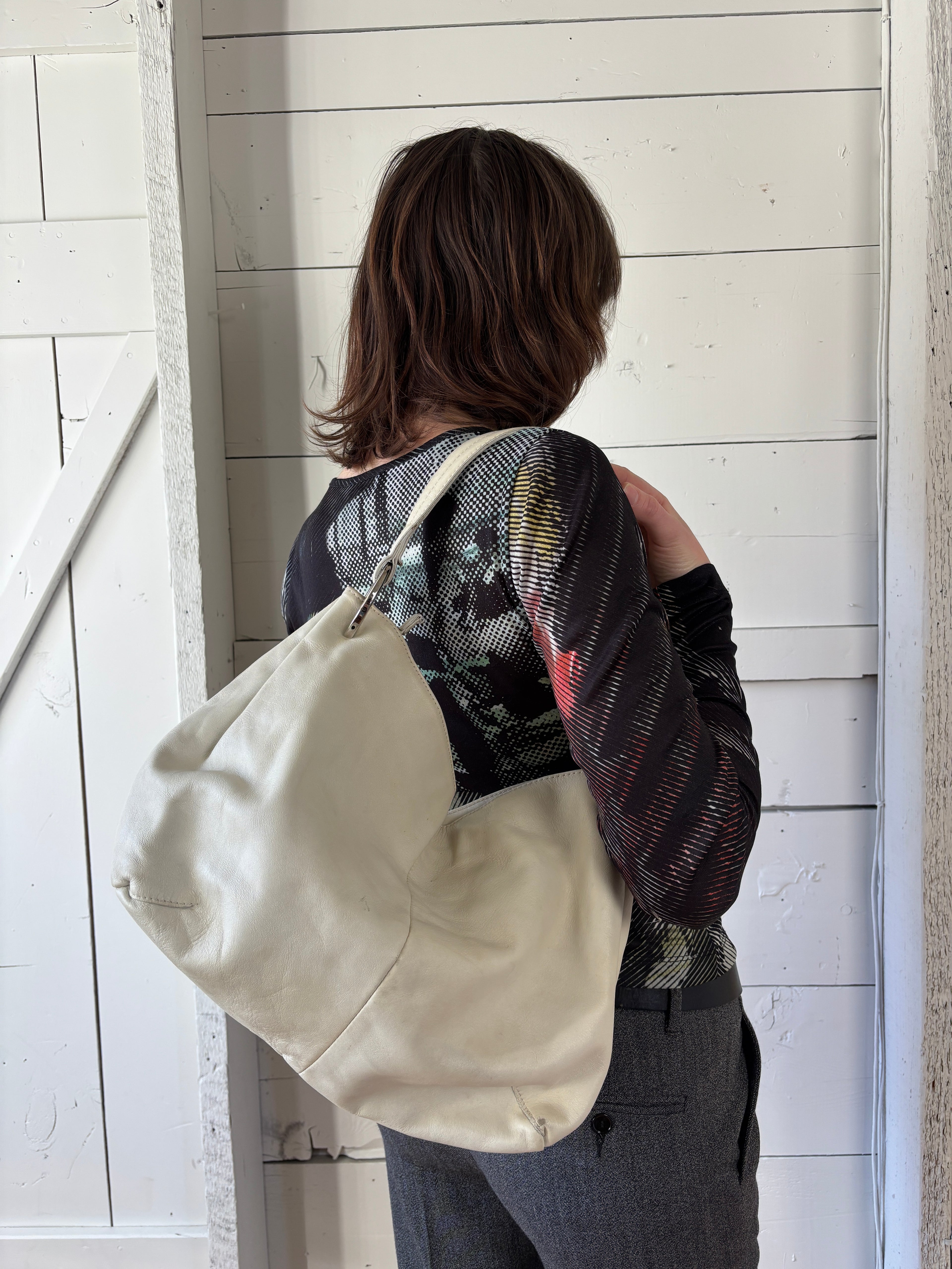 Made In Italy Purla Cream Leather Shoulder Bag