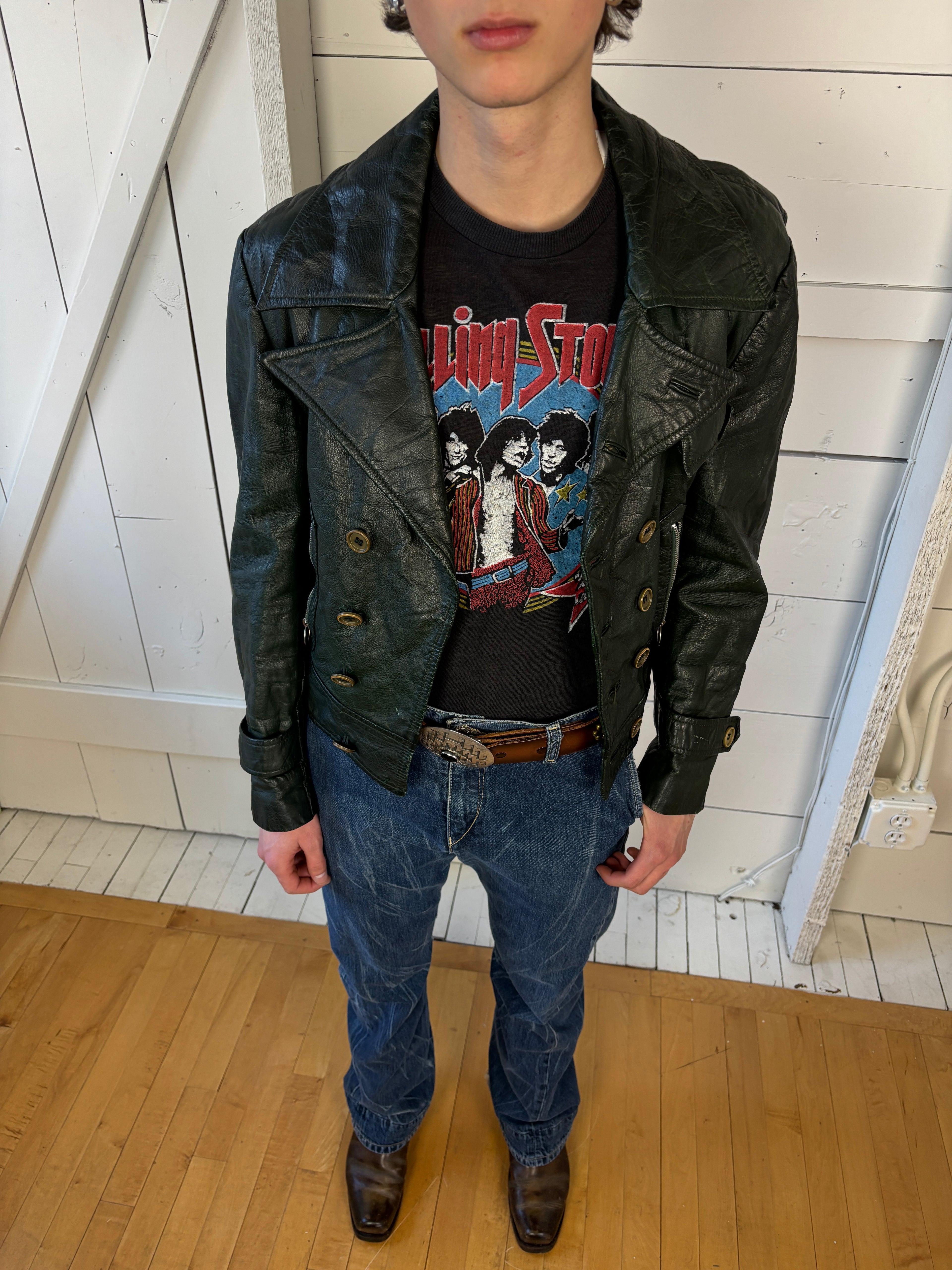 80s Double Breasted Cropped Leather Jacket